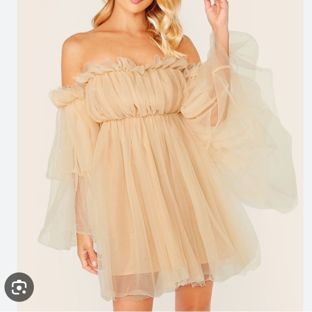 Shein Champagne Chiffon Off-Shoulder Ruffled Mini Dress